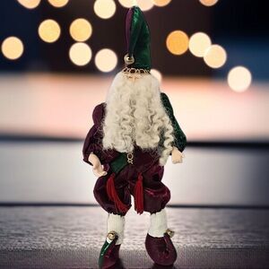 Harlequin Santa Claus Figure Posable Doll Velvet Victorian Christmas TINY FLAW‎